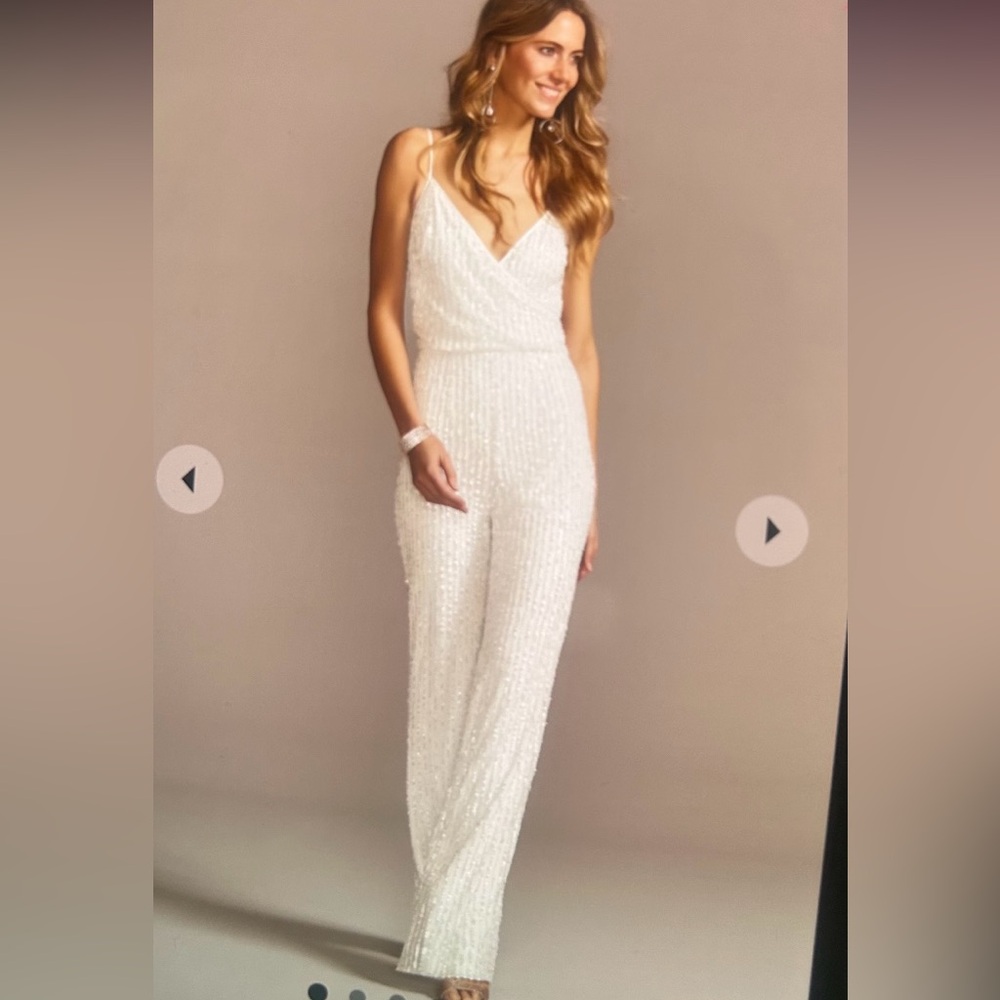 NWT David's Bridal White Beaded Spaghetti-Strap Jumpsuit